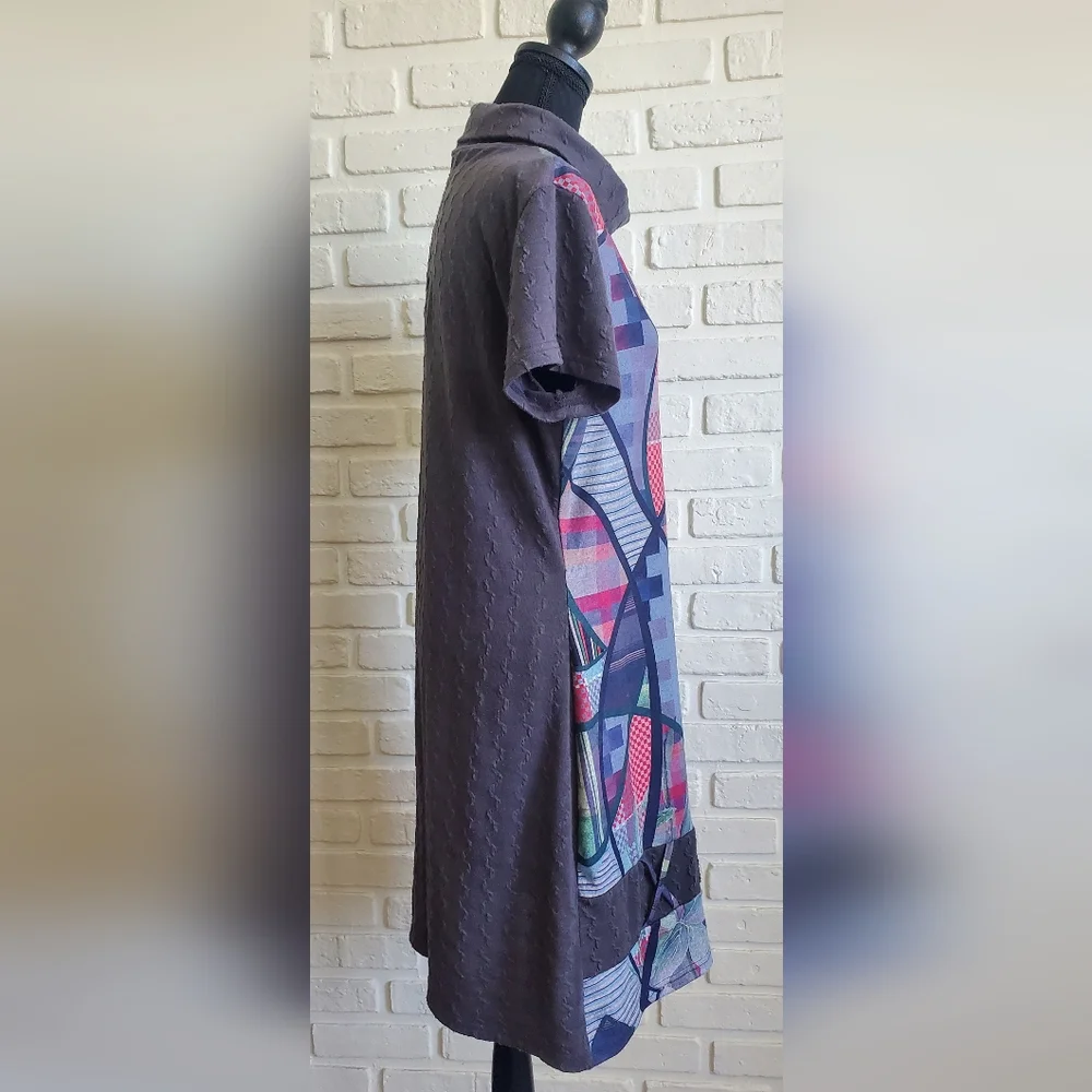 Smash! Abstract Patchwork Midi Cowl Neck Sweater Dress Short Sleeves Boho Hippie - Picture 12 of 16